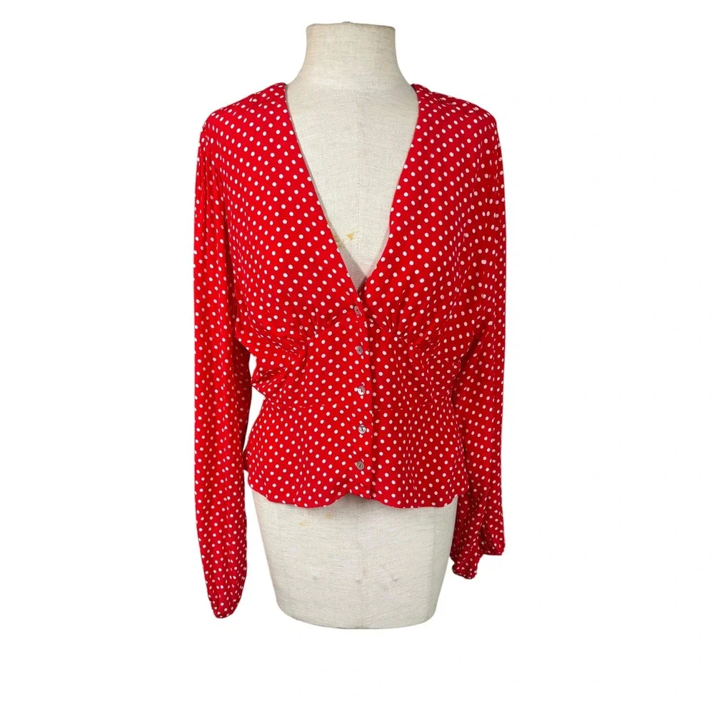 Free People Love Street Red Polka Dot Top S Puff Sleeve Peplum Feminine Retro